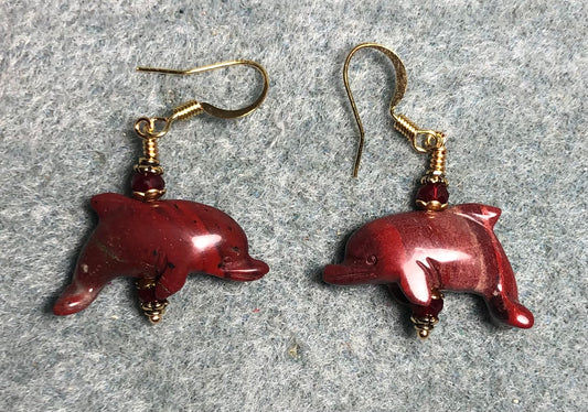 Dark red poppy jasper gemstone dolphin bead earrings adorned with dark red Chinese crystal beads.