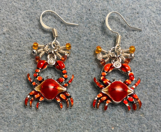 Dark orange enamel crab charm earrings adorned with tiny dangling dark orange, light orange, and silver Chinese crystal beads.