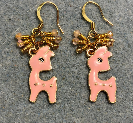 Peach pink enamel deer charm earrings adorned with tiny dangling pink and peach Chinese crystal beads.
