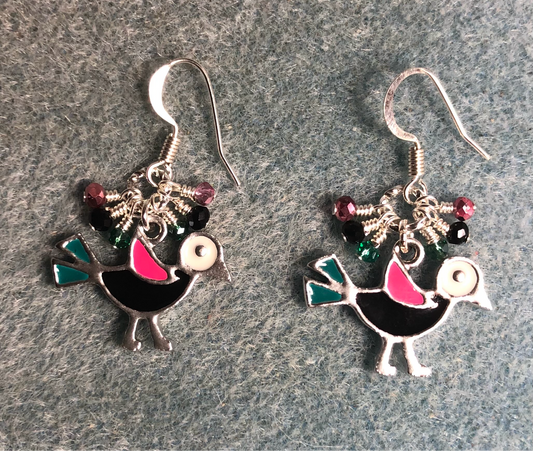 Black, pink, and teal enamel bird charm earrings adorned with tiny dangling black, pink, and teal Chinese crystal beads.