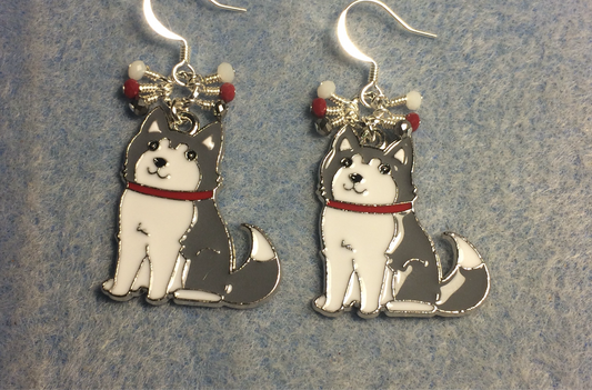 Gray and white enamel Siberian Husky charm earrings adorned with tiny dangling gray, white, and red Chinese crystal beads.
