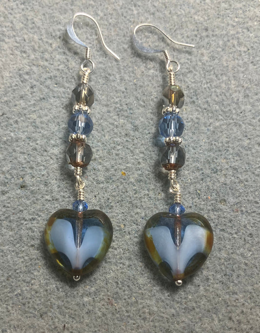 Montana blue Czech glass heart bead earrings adorned with Montana blue and light blue Czech glass beads.