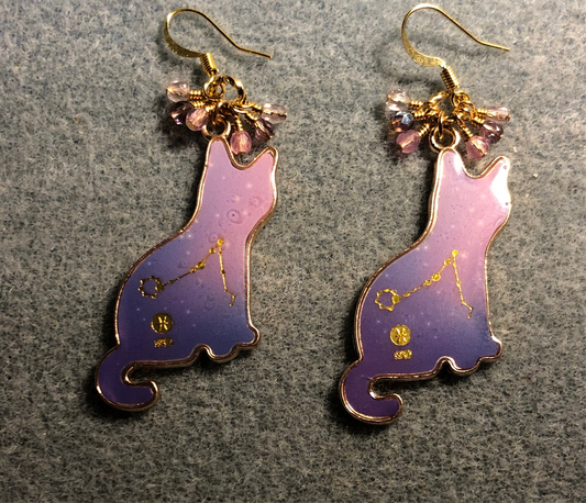 Violet and pink enamel cat charm earrings adorned with tiny dangling violet and pink Czech glass beads.