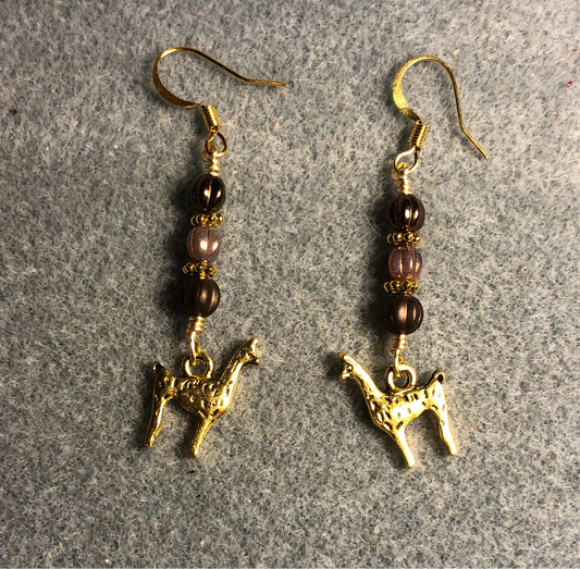Small gold llama charm earrings adorned with small brown and tan Czech glass melon beads