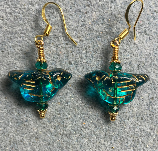 Teal (with gold wash) Czech glass bird bead earrings adorned with teal Chinese crystal beads.