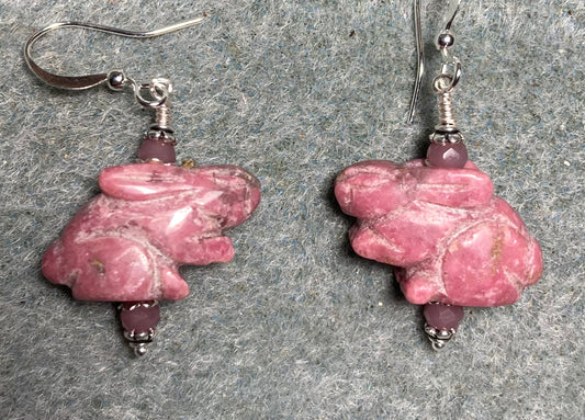 Pink rhodonite gemstone rabbit bead earrings adorned with pink Chinese crystal beads.