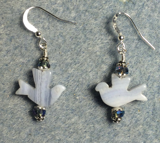 Blue lace agate gemstone flying dove bead earrings adorned with light blue Chinese crystal beads.