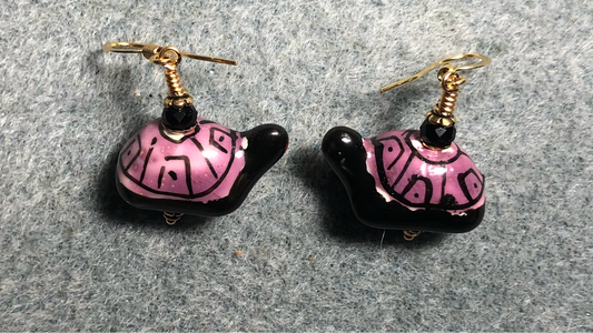 Black and purple ceramic turtle bead earrings adorned with purple Chinese crystal beads.