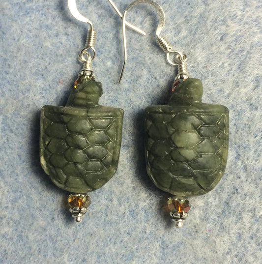 Dark green gemstone turtle bead earrings adorned with sparkly green Chinese crystal beads.