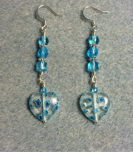 Clear and turquoise millefiori Czech glass heart bead earrings adorned with turquoise Czech glass beads.