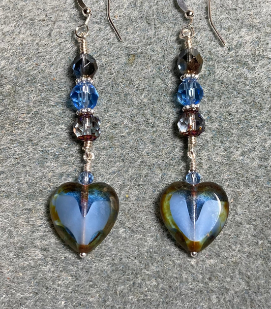 Montana blue Czech glass heart bead earrings adorned with Montana blue Czech glass beads.