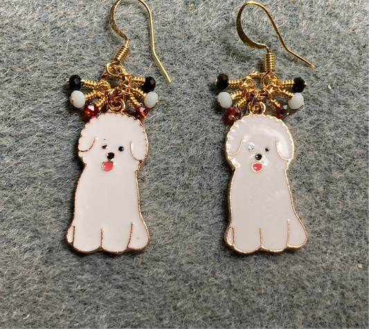 White enamel sheepdog charm earrings adorned with tiny dangling black, white, and red Chinese crystal beads.