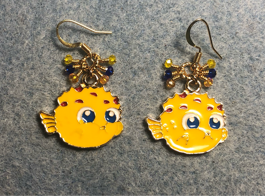Yellow and dark blue enamel blowfish charm earrings adorned with tiny dangling yellow, dark blue, and amber Chinese crystal beads.