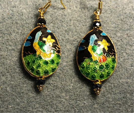 Black, green, and yellow cloisonné peacock bead earrings adorned with black Chinese crystal beads.