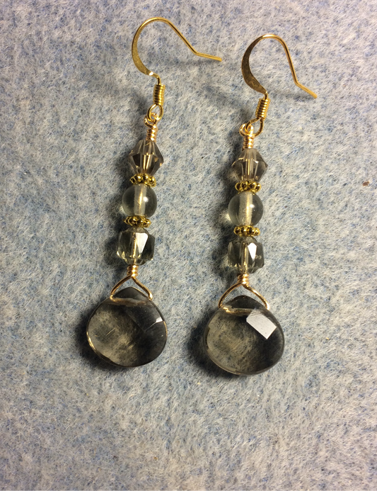 Smoky quartz briolette bead earrings adorned with smoke gray Czech glass beads.