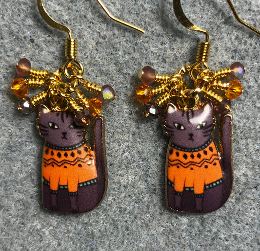 Lavender and orange enamel cat charm earrings adorned with tiny dangling lavender and orange Chinese crystal beads.