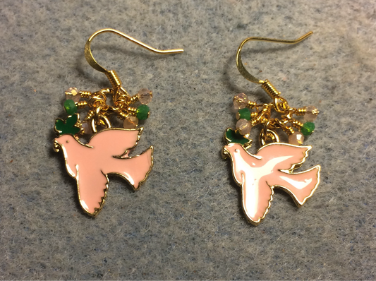 Peach, green, and gold enamel dove charm earrings adorned with tiny dangling peach and green Chinese crystal beads.