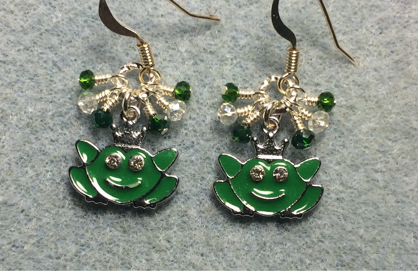 Green enamel frog charm earrings adorned with tiny dangling green and clear Chinese crystal beads.