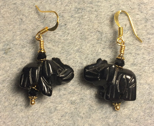 Black onyx agate gemstone elephant bead earrings adorned with black Chinese crystal beads.