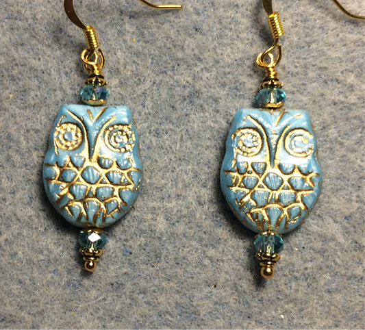 Light aqua (with gold wash) Czech glass owl bead earrings adorned with light aqua Chinese crystal beads.