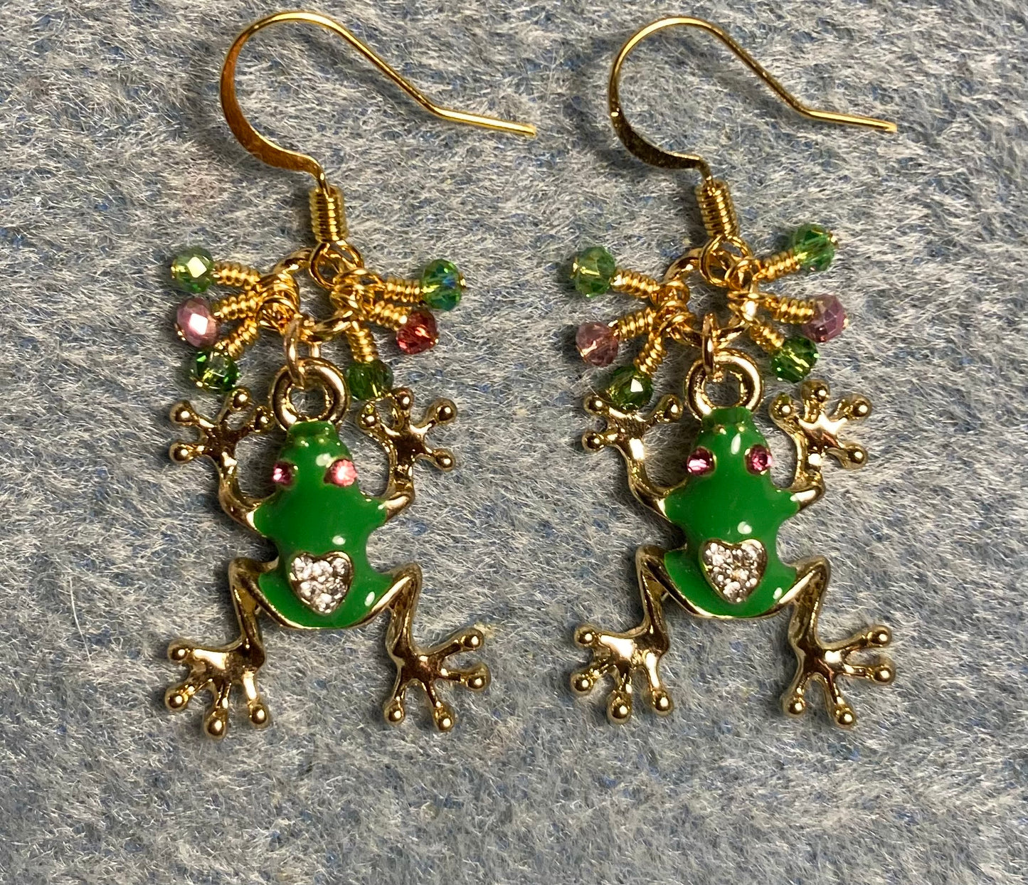 Green enamel and rhinestone frog charm earrings adorned with tiny dangling green and rose Chinese crystal beads.