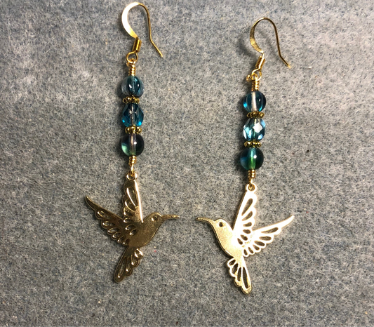 Fancy gold hummingbird charm earrings adorned with multicolored (turquoise, green, purple) Czech glass beads