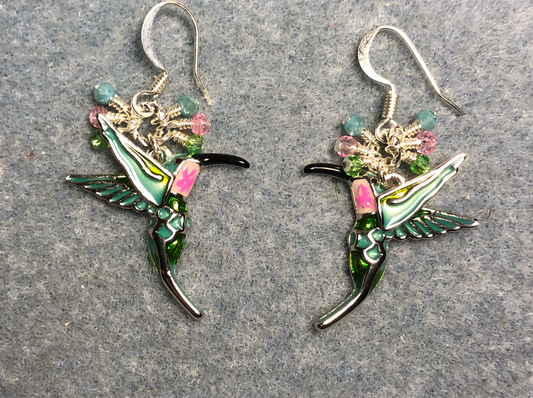Aqua, pink, and green enamel hummingbird charm earrings adorned with tiny dangling aqua, pink, and green Chinese crystal beads.
