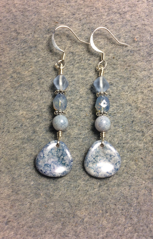 Light blue speckled Czech glass rose petal earrings adorned with light blue Czech glass beads.