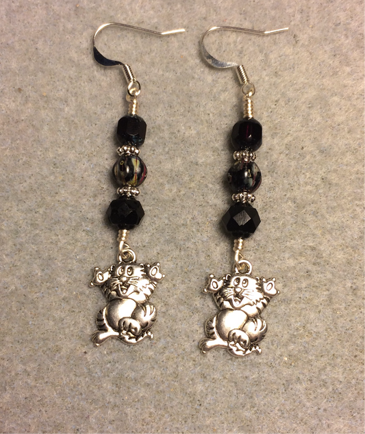Silver silly cat charm earrings adorned with black Czech glass beads
