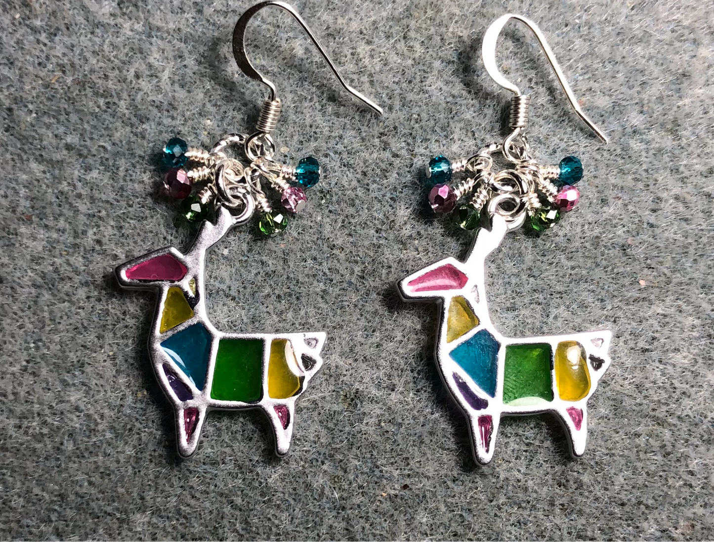 Silver, turquoise, pink, and green enamel origami llama charm earrings adorned with tiny dangling turquoise, pink, and green Chinese crystal beads.