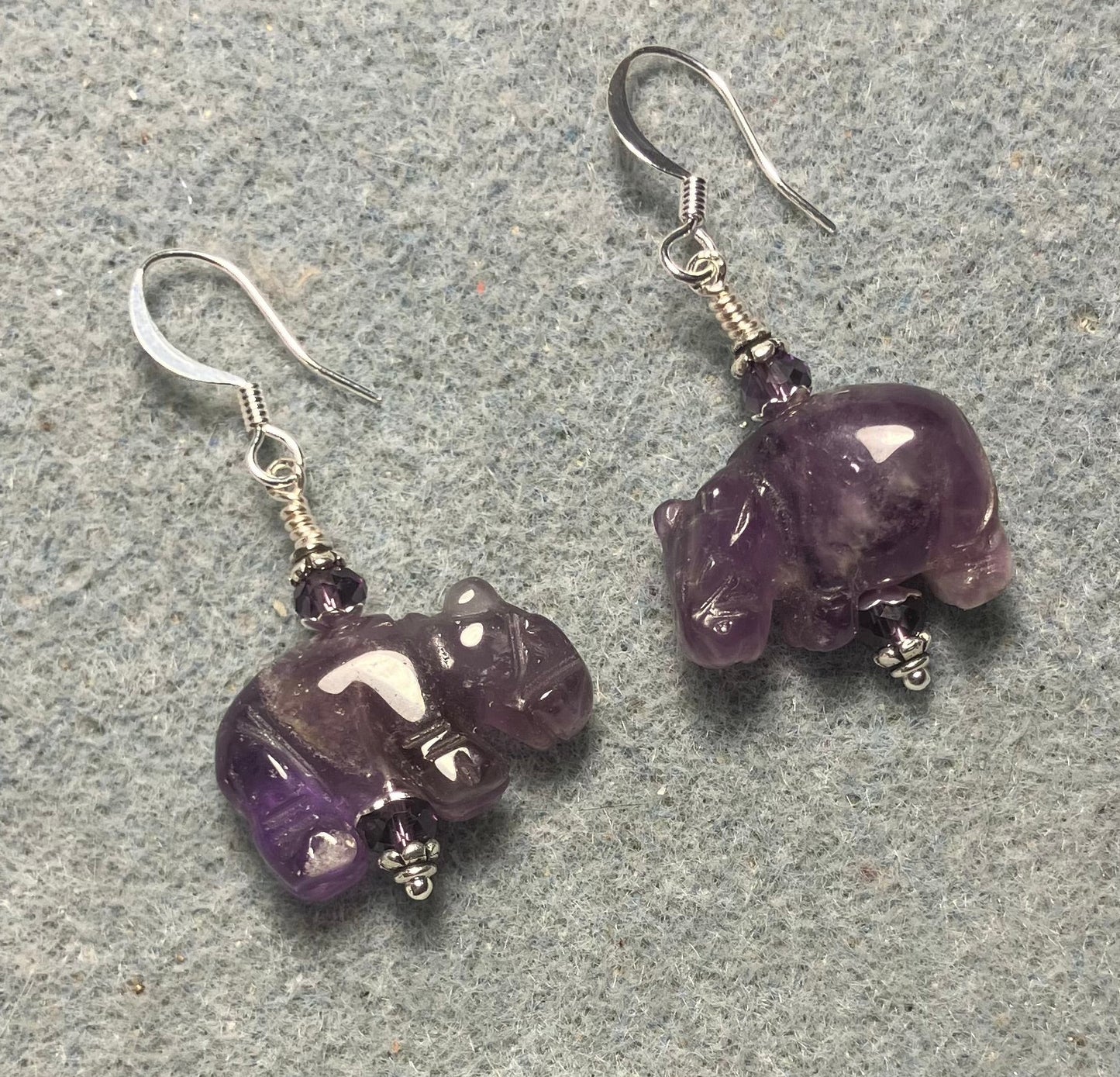 Purple amethyst gemstone hippo bead earrings adorned with purple Chinese crystal beads.