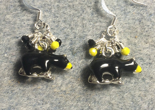 Silver, black, and yellow enamel black bear charm earrings adorned with tiny dangling black and yellow Chinese crystal beads.