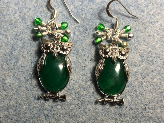 Large silver and dark green aventurine gemstone owl charm earrings adorned with small dangling dark green and silver Czech glass beads.