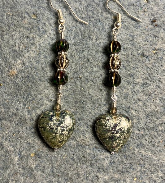 Green silver mottled Czech glass heart bead earrings adorned with green and silver Czech glass melon beads.