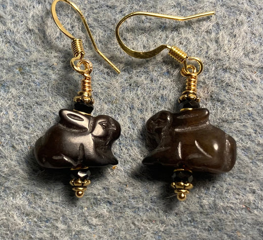 Small brown nephrite gemstone rabbit bead earrings adorned with brown Chinese crystal beads.