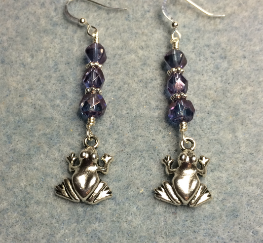 Silver frog charm earrings adorned with purple Czech glass beads