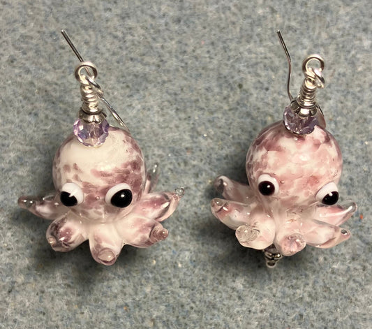 Light violet and white mottled lamp work octopus bead earrings adorned with light violet Chinese crystal beads.