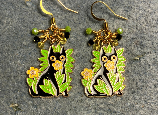 Black, green, and yellow enamel cat charm earrings adorned with tiny dangling black, green, and yellow Chinese crystal beads.