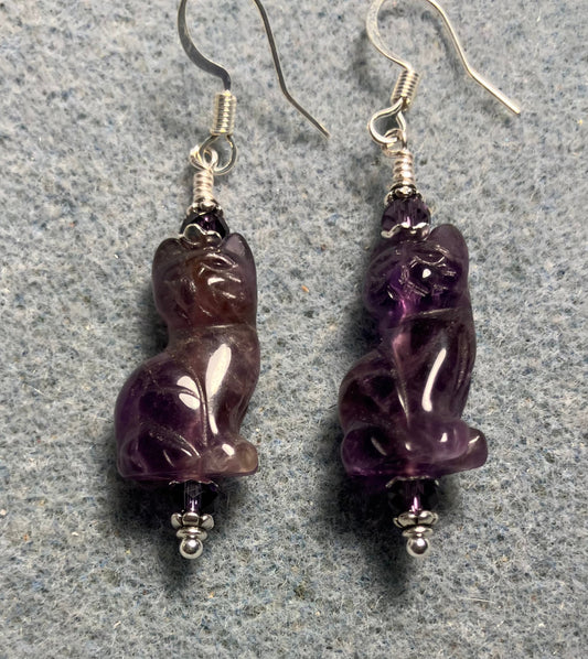 Genuine amethyst gemstone cat bead earrings adorned with purple Chinese crystal beads.
