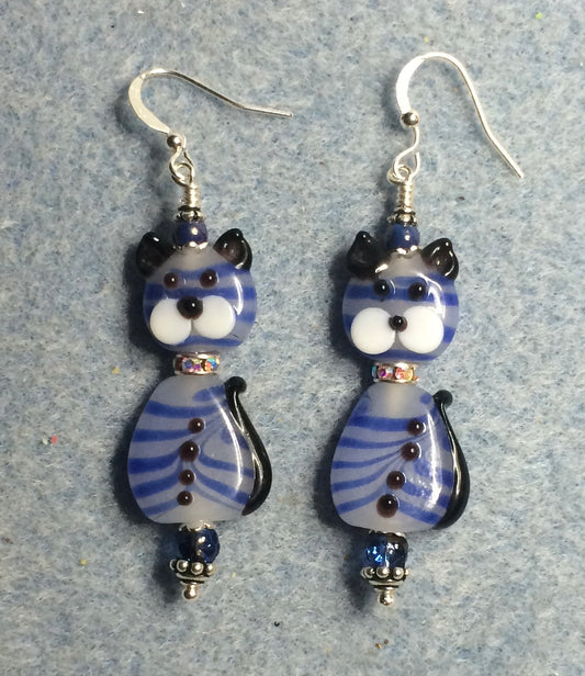 Blue and white striped lamp work two piece cat bead earrings adorned with clear rhinestone “collars” and blue Czech glass beads.