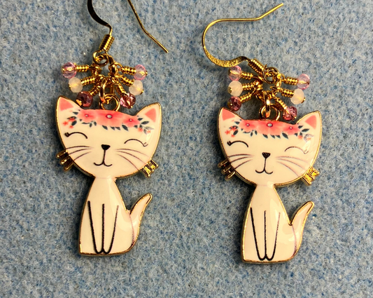 White and pink enamel cat charm earrings adorned with tiny dangling white and pink Chinese crystal beads.
