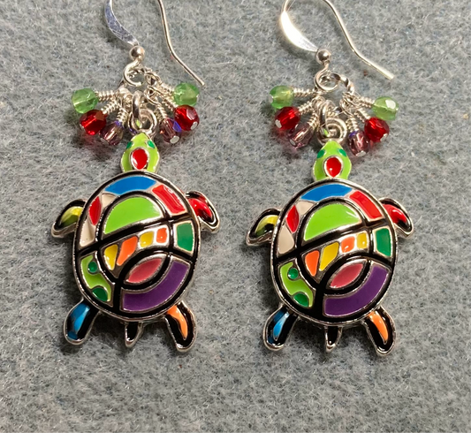 Large lime green, red, and purple enamel turtle charm earrings adorned with small dangling lime green, red, and purple Czech glass beads.