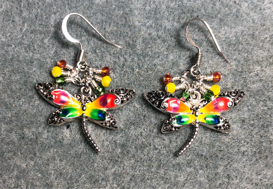 Yellow, green, and red enamel dragonfly charm earrings adorned with tiny dangling yellow, green, and red Chinese crystal beads.