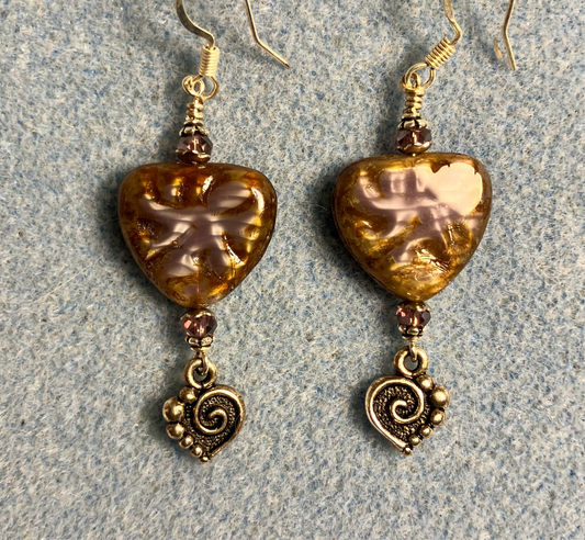 Violet Picasso Czech glass heart bead earrings made with turquoise Chinese crystal beads and silver Tierracast spiral heart charms.