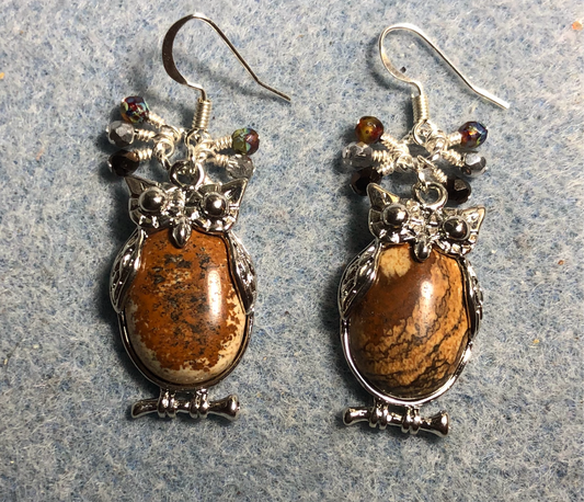 Large silver and picture jasper gemstone owl charm earrings adorned with small dangling tan, silver, and brown Czech glass beads.