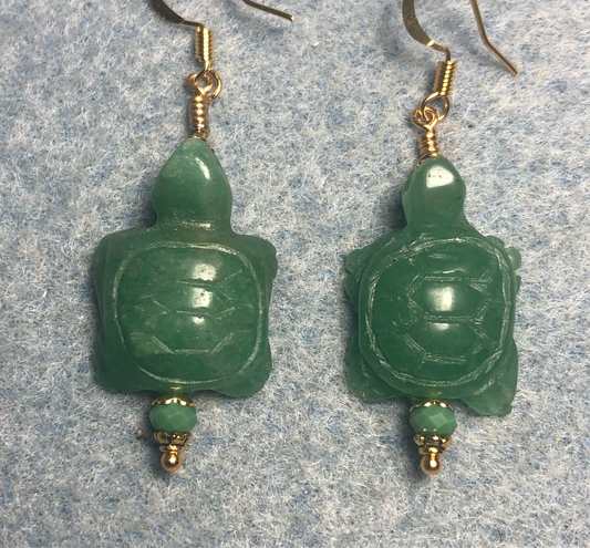 Dark green aventurine gemstone turtle bead earrings adorned with green Chinese crystal beads.