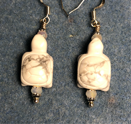 White howlite gemstone turtle bead earrings adorned with white Chinese crystal beads.