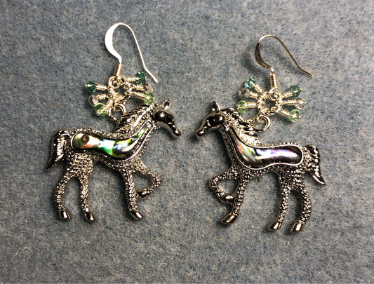 Gorgeous silver and abalone  horse charm earrings adorned with small dangling green and silver Chinese crystal beads.