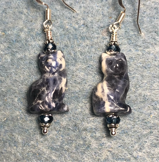 Blue sodalite gemstone cat bead earrings adorned with blue Czech glass beads.