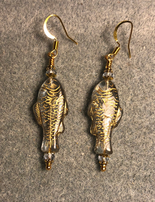 Light blue (with gold inlay) Czech glass fish bead earrings adorned with light blue Chinese crystal beads.